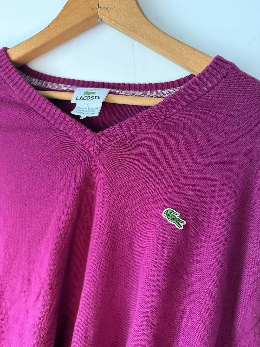 Vintage Lacoste Berry Purple V-Neck Knit Sweater Men Size 7 XXL